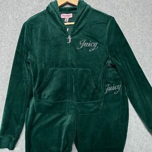 Juicy Couture Velour Tracksuit Set Evergreen Green Rhinestone Logo Hoodie Y2K